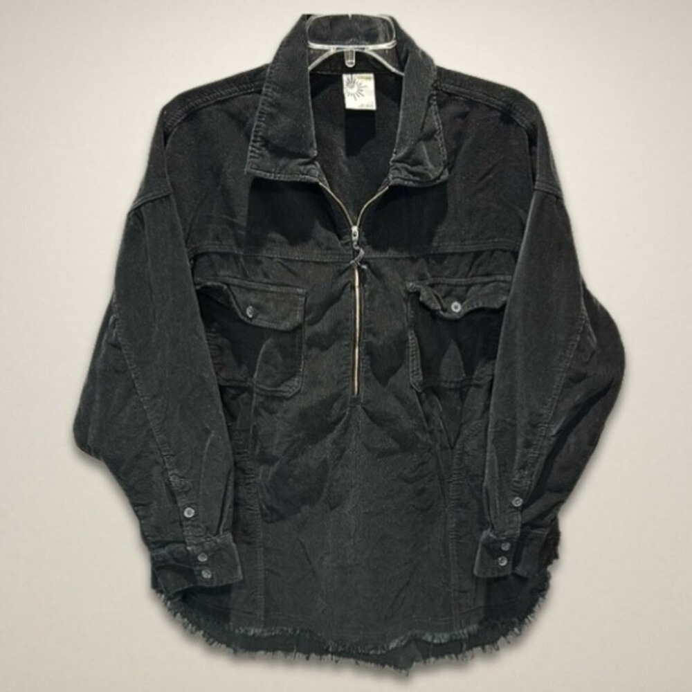 Offline by Aerie Shacket Corduroy Long Sleeve Half-Zip Distressed Hem Black W L